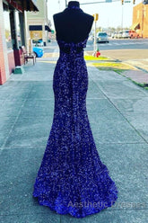 Halter Royal Blue Sequin Evening Dresses Uk Long Evening Prom Dresses